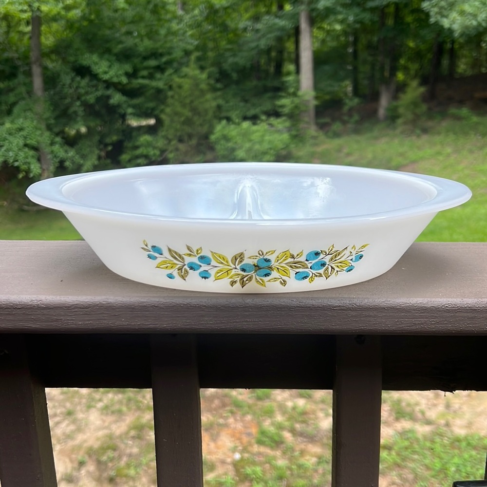 Vintage Glasbake Pyrex like Blueberry Divided Mill Glass Dish
